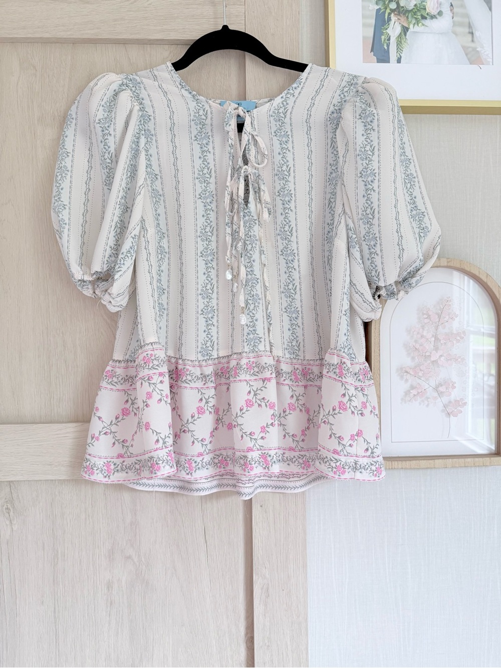 CeCe Cream Blouse with Pink Floral Border and Blue-Green Stripes